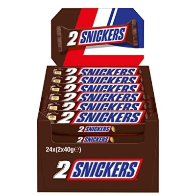 Abbildung von Snickers Schokoriegel; Erdnüsse, Karamell; Fußball Snack; 24 Doppelriegel in einer Box (24 x 2 40 g)