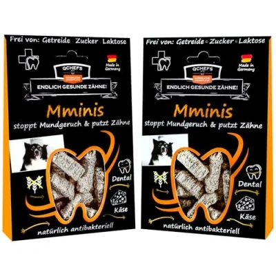 Abbildung von Qchefs MMINIS Zahnpflege Snack für kleine Hunde bei Mundgeruch &amp; Leckerlis zum Plaque Zahnstein entfernen mit natürlich antibakterieller Zahnreinigung ohne Dentalspray oder Zahnbürste (2er Pack)
