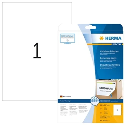 Abbildung von HERMA 10021 Universal Etiketten ablösbar, 25 Blatt, 210 x 297 mm, 1 pro A4 Bogen, Stück, selbstklebend, bedruckbar, matt, blanko Papier Klebeetiketten Aufkleber, weiß