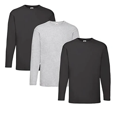 Abbildung von Fruit of the Loom Valueweight Langarm T Shirt für Herren, 2 x schwarz + 1 grau Hlkauf Notizblock, XXL