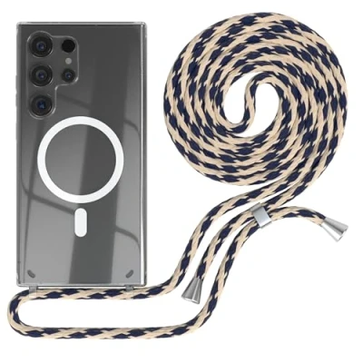 Abbildung von EAZY CASE Handykette kompatibel mit Samsung Galaxy S24 Ultra Kette zum Umhängen Stoßfest Handyhülle für Silikon Hülle Band Transparent Taupe Camouflage Clips Silber