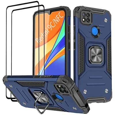 Abbildung von KANSi Hülle kompatibel für Xiaomi Redmi 9C NFC/Redmi 9C, Schutzfolie [2 Stück] Silikon TPU Hart PC Handy Hüllen 360 Grad Drehbar Ringhalter Bumper Stoßdämpfung Schutzhülle Blau