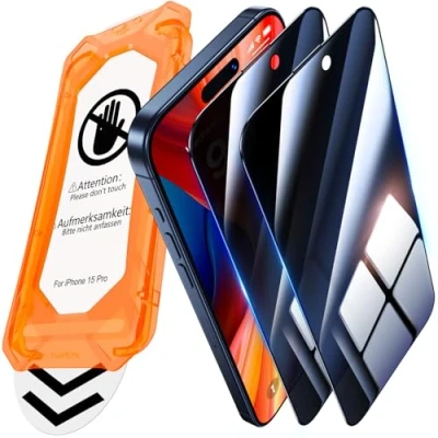 Abbildung von UniqueMe für iPhone 15 Pro Panzerglas Sichtschutz [Full Screen Displayschutz] Schutzfolie Sichtschutzfür Schutzglas,Auto Installation,2 Stück