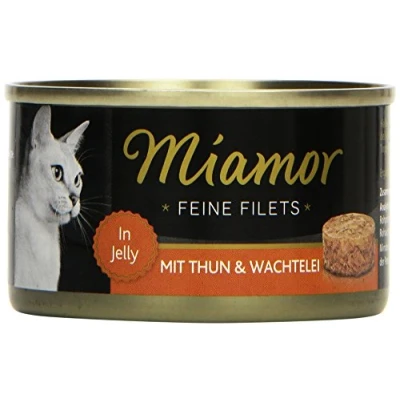 Abbildung von MIAMOR Feine Filets in Jelly Nassfutter für ausgewachsene Katzen mit Filetstückchen Jelly. Fettarmes Ergänzungsfutter der Dose ohne Zusatzstoffe 24x100g Thunfisch &amp; Wachtelei