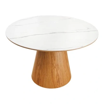 Abbildung von riess ambiente Esstisch UNIQUE 120cm weiß / natur · runder Küchentisch mit Keramik Platte (Einzelartikel, 1 St), 4 Personen Säulenfuß Eiche Echtholzfurnier Marmor Design