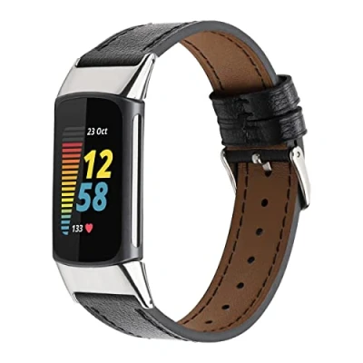 Abbildung von INF Breite 18mm Leder Armband Kompatibel mit Fitbit Charge5 für Damen Männer Schwarz