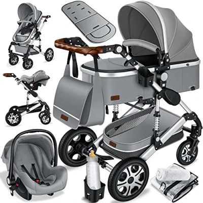 Abbildung von KESSER® Loops 3 in 1 Kinderwagen Kombikinderwagen Komplett Set inkl. Babywanne &amp; Buggy Sportsitz Auto Babyschale Voll Gummireifen Wickeltasche Regenschutz Kindertisch ECE R129, Grau/Silber