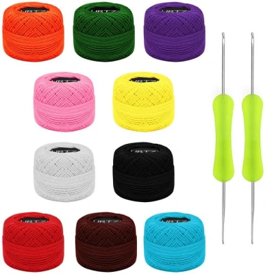 Abbildung von Kurtzy Cotton Crochet Yarn Set (10 pcs) 600m Bastelgarn, Colorful 10 pcs, 2 Hooks