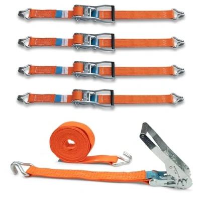 Abbildung von 4er Set Spanngurt mit Stabiler Ratsche und Profilhaken, DoZurr 5000, belastbar bis 2500 kg, 50 mm breit x 6 m lang, orange, für LKW große Anhänger
