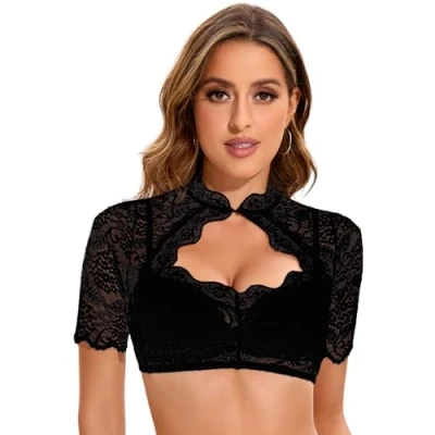 Abbildung von Adisno Dirndl Bluse Damen,Dirndlbluse,Dirndl Bluse,Dirndlbluse Spitze,Stehende Dirndlbluse mit Besonderen Aussparungen auf der Brust (DE/NL/SE/PL, Numerisch, 36, Regular, Schwarz)