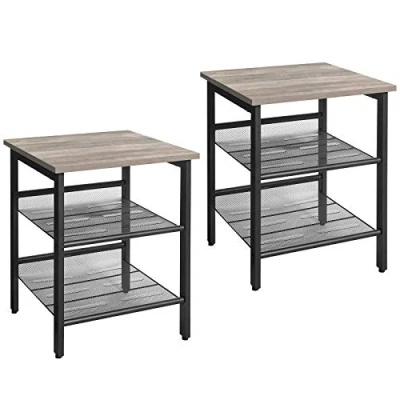 Abbildung von VASAGLE Nachttische, Beistelltisch Set, 2er Set Sofatische, kleine Couchtische mit verstellbaren Gitterablagen, Wohnzimmer, Schlafzimmer, Flur, stabil, Industrie Design, Greige schwarz LET024B02