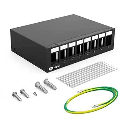 Abbildung von HB DIGITAL 8 Port Patchpanel Gehäuse für Keystone Module: RJ45 Buchse, RJ11 Socket, IEC Stecker/Buchse, F Verbinder, USB C A BF/AF, HDMI, Polklemme Gewindebuchse BNZ, RCA Verbinder SCHWARZ