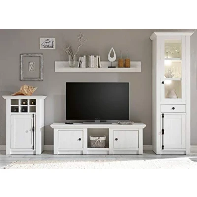 Abbildung von Wohnwand Hooge Landhausstil in Pinie weiß Landhaus Schrankwand Multimediawand Anbauwand Fernsehschrank 4 teilig (1 x Vitrine, 1 Wandboard, TV Lowboard, Kommode) 298 207 cm