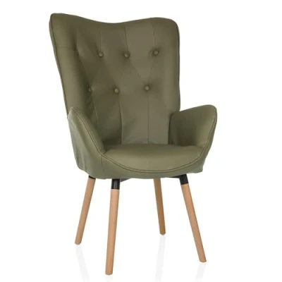 Abbildung von hjh LIVING Ohrensessel in Velour Optik HAVENIO I Sessel für Wohnzimmer Schlafzimmer, Polsterstuhl mit Holzbeinen, Stoff Olivgrün