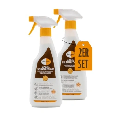 Abbildung von Renuwell Möbel Schnellpflege mit Bienenwachs, 2x 500 ml Reinigung und Pflege für Holzoberflächen, entfernt Staub &amp; Fingerabdrücke, frischt Farben auf, Schweizer Qualität