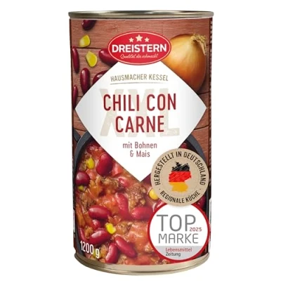 Abbildung von DREISTERN Chili con Carne 1200g XXL Pikanter Eintopf in der recyclebaren Konservendose viel Einlage mit Bohnen &amp; Mais