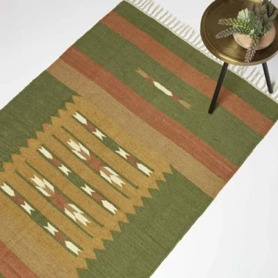 Abbildung von Homescapes Lundi Green Teppich Jute Baumwolle orange grün 160x230 cm, Fransen handgewebt, Kelim geometrisch