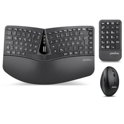 Abbildung von Perixx PERIDUO 606A, 3 in 1 Kabellose kompakte ergonomische Tastatur mit vertikaler Maus und numerischem Tastenfeld verstellbare Handballenauflage Kippbares Rad Flache Tasten QWERTZ