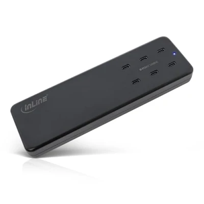 Abbildung von InLine USB C Multiport Ladegerät, 6 Port, 6X C, GaN, 120W, Schnellladegerät, PD 3.0, Netzteil für MacBook Pro/Air, iPhone/Pro/Mini, iPad Pro, Pixel und mehr, schwarz, 31516I