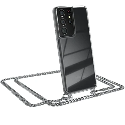 Abbildung von EAZY CASE Handykette kompatibel mit Samsung Galaxy S21 Ultra 5G Handyhülle Metal Umhängeband und Ersatz Kordel schwarz, Handykordel Schutzhülle, Stylische Kette, Silber