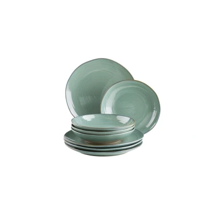 Abbildung von MÄSER Serie Nottingham, Vintage Teller Set für 4 Personen, 8 teiliges Tafelservice mit Speiseteller und Suppenteller im unregelmäßig runden Retro Look, Steinzeug, Türkis Grün