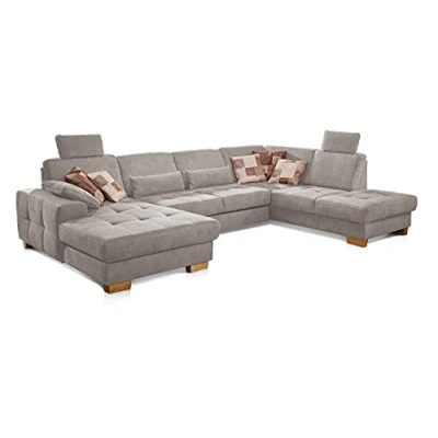 Abbildung von CAVADORE Wohnlandschaft Puccino mit Federkern, Bettfunktion, Bettkasten, Sitztiefenverstellung und 2 Kopfstützen / Sofa in U Form im Landhausstil 340 x 86 224 cm Mikrofaser Hellgrau