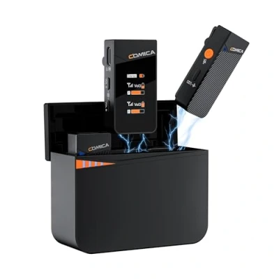 Abbildung von comica Vimo C3 Wireless Microphone mit Noise Cancellation und Sicherheitskanal, Ansteckmikrofon 2 Sender 1 Empfänger, Lavalier Mikrofon für Kamera Android PC Live Streaming (mit Ladekoffer)