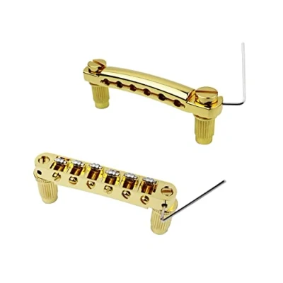 Abbildung von Guyker Guitar Tune O Matic Bridge and Stop Bar Tailpiece Combo Replacement Compatible with LP SG EPI 6 String Electric Guitar(GS001 + GM005, gold)