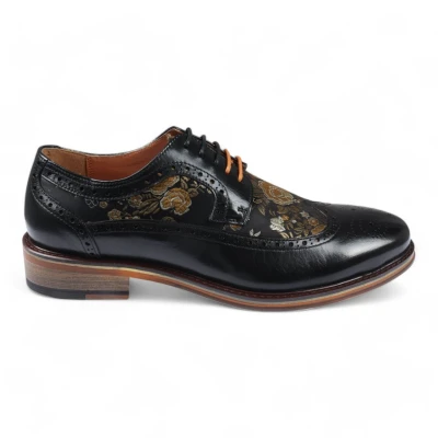 Abbildung von Infinity Leather Herren Brogue Schuhe aus schwarzem Leder mit Blumenmuster Ross