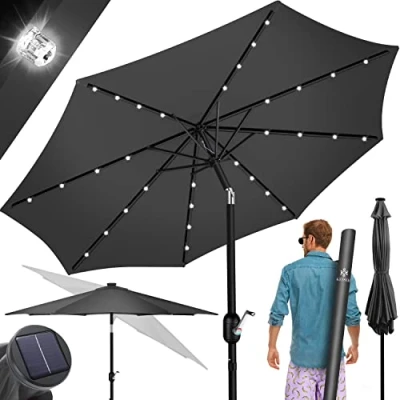 Abbildung von KESSER® Sonnenschirm Balkonschirm Rund LED Solar mit Kurbel Inkl. 2in1 Schutzhülle, Gartenschirm, Schirm Ø 265 cm für Balkon Garten &amp; Terrasse verstellbar knickbar Anthrazit