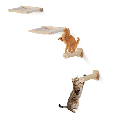 Abbildung von VEVOR Kletterwand, Katzenwandregale und Sitzstangen mit Sprungpfosten Hängematten, Katzenmöbel Set bis zu 18 kg, abnehmbares waschbares Korallenvlies zum Schlafen, Spielen, Klettern, 4er