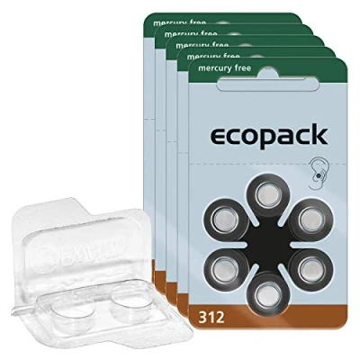 Abbildung von 30x ecopack Hörgerätebatterien 312 (Braun), 5x6er Blister 1,4V + Aufbewahrungsbox für 2 (10, 13, 312, 675), transparente Batteriebox Zwei Knopfzellen bis 12 mm x 6 (Ø H)