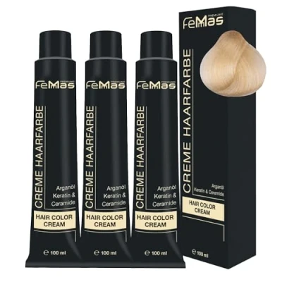 Abbildung von FemMas Haarfarbe 3x Platinblond Gold 11.3 I Professionelle Creme mit Arganöl, Keratin &amp; Ceramiden Als dauerhafte Haarfärbung oder Tönung für strahlende, haltbare Farbergebnisse 100 ml