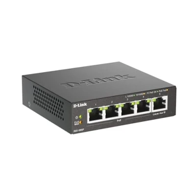 Abbildung von D Link DGS 1005P, 5 Port Unmanaged PoE+ Gigabit Switch (4 x 10/100/1000 Mbit/s BaseT PoE Port, 1 60W Kapazität, Plug &amp; Play, lüfterlos, Metallgehäuse)