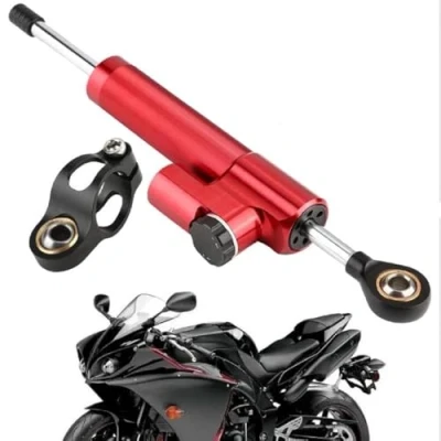 Abbildung von Motorrad Lenkungsdämpfer, Lenkungsdämpfer Stabilisator, Universal Lenkungsdämpferstabilisator aus Aluminiumlegierung Dämpfer Stabilisator Linear umgekehrt mit Montagehalterung(rot+schwarz)