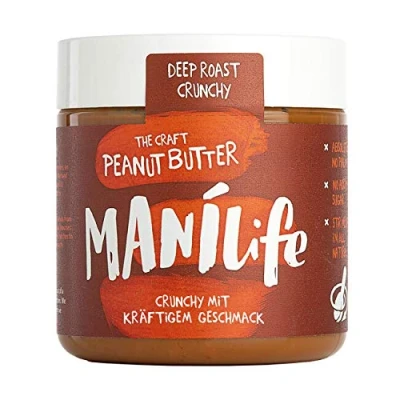 Abbildung von ManiLife Deep Roast Crunchy Peanut Butter Erdnussbutter aus kräftig gerösteten Erdnüssen mit Erdnussstückchen 295g