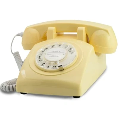 Abbildung von Opis 60s Cable: Retro Telefon mit Wählscheibe Festnetztelefon Schnur, Nostalgie Analog, Antikes Telefon, Vintage im 80er Stil, EIN Wählscheibentelefon Design, beige