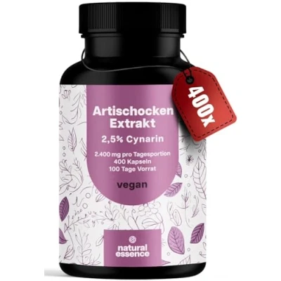 Abbildung von Artischockenextrakt Hochdosiert 400 Kapseln 2.400 mg pro Tagesdosis davon 60mg Cynarin Artischocken Extrakt hochdosiert, Artischocke Vegan und produziert in Deutschland