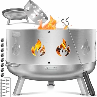 Abbildung von KESSER® Feuerschale mit Funkenschutz Ø80cm Feuerkorb aus Edelstahl Feuertonne inkl. 42cm Feuerhaken Gusseisen, Wasserablauf &amp; 2 stabile Griffe Holz Kohle Feuerstelle für Lagerfeuer