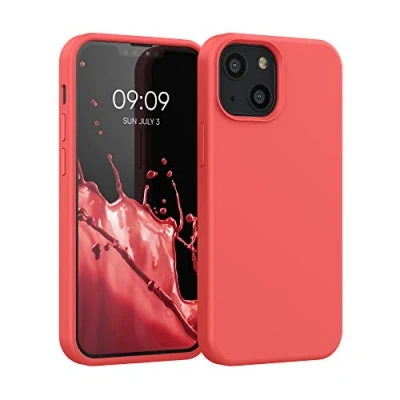 Abbildung von kwmobile Hülle kompatibel mit Apple iPhone 13 Mini Silikon Handy Case Handyhülle weiche Oberfläche kabelloses Laden Neon Koralle
