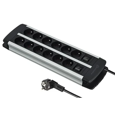 Abbildung von Electraline 35447 Alu Line Steckdosenleiste 12 Fach mit Gehäuse aus Aluminium, Kabel H05VV F 3G1,5 mm, Länge 2 m, Schalter (1 x 6 Steckdosen), Überlastschutz