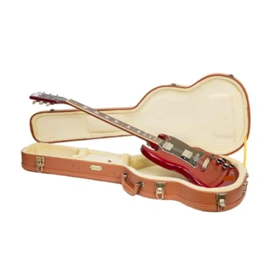 Abbildung von Crossrock Relief Series Holzkoffer für SG E Gitarren, mit stark strukturierter Oberfläche, Kunstfell in Nerzoptik, Edelstahlverschlüssen Redwood (CRW630SGRO)