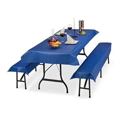 Abbildung von Relaxdays Bierzeltgarnitur Auflage, 3er Set, Biertisch Tischdecke 250x100cm, 2 Bierbankauflagen, abwaschbar, blau