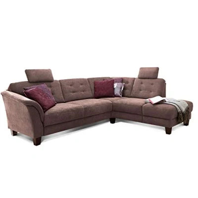 Abbildung von Cavadore Ecksofa Trond mit Ottomane rechts / Federkern Sofa im Landhausstil 2 Kopfstützen und Vorziehsitz Bettkasten 260 x 89 214 Webstoff braun