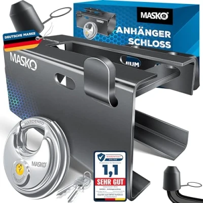 Abbildung von MASKO® Anhängerschloss mit Stecksystem für Angekoppelte &amp; Abgekoppelte Anhänger Schloss Diebstahlschutz Wohnwagen Kastenschloss inkl. Rundbügelschloss Schlüssel Schutzkappe, Anthrazit