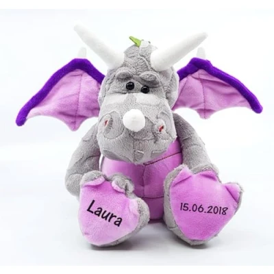 Abbildung von CreaDesign, Kuscheltier Drache personalisierbar mit (Wunsch) Namen, 33cm, Stofftier, Plüschtier, Mädchen Jungen, grau rosa