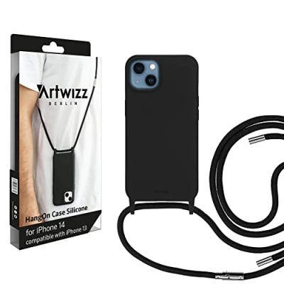 Abbildung von Artwizz HangOn Case kompatibel mit iPhone 14 Elastische Schutzhülle aus Silikon als Handykette zum Umhängen Band Schwarz