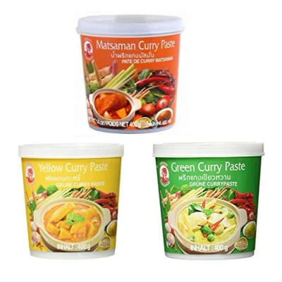 Abbildung von Cock Brand Probierset Currypasten 3er Pack (3 x 400g) 3 Sorten, je 1 Dose Grüne, Gelbe,Matsaman Currypaste
