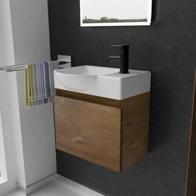 Abbildung von Alpenberger Badmöbel Set Gäste WC Waschbecken mit Unterschrank 45 cm Breit, (Badschrank 2 tlg., Waschtisch hängend), Waschbeckenunterschrank Softclose Farbe Eiche Links Becken