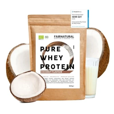 Abbildung von Fairnatural Bio WHEY Protein Pulver Kokos ohne Chemie [Regional aus Deutschland] Hochwertige Eiweiß Shakes » 100% NATÜRLICH « 600g Kokosnuss Molkenprotein Soja